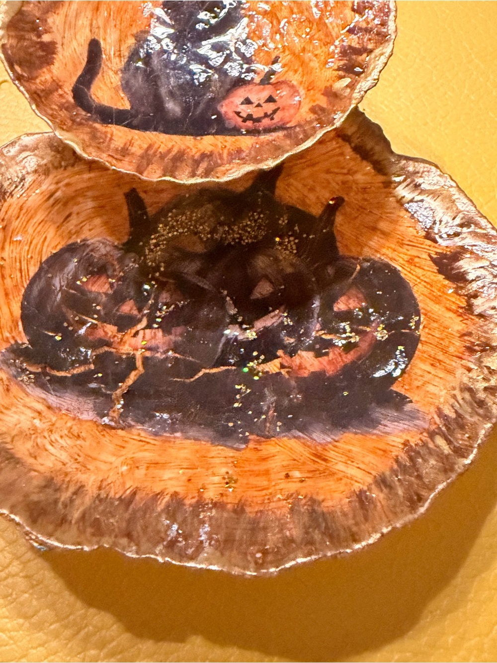 Handcrafted Halloween Shell Tray with Black Cat & Pumpkin Art - Orange & Black